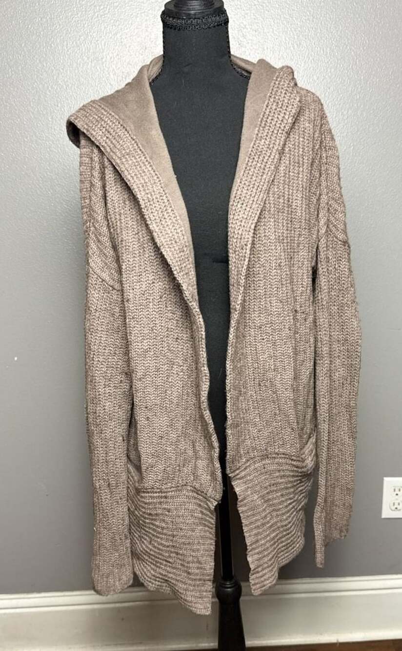 Gap Women's Medium Hooded Chunky Knit Open Cardigan Sweater Taupe Wool Blend